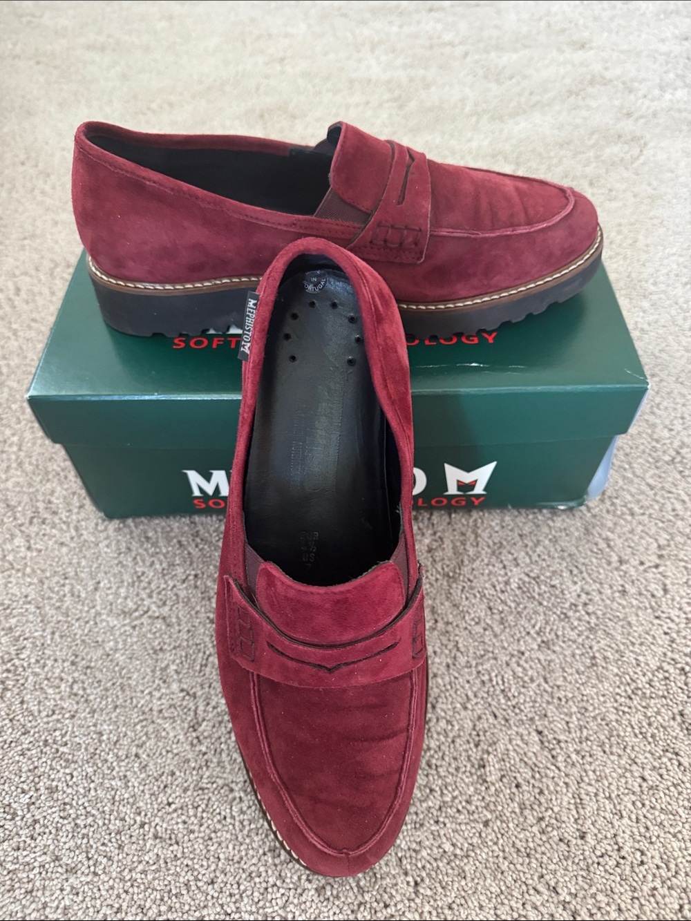 Mephisto Women’s Burgundy Suede Penny Loafers, with box, like new